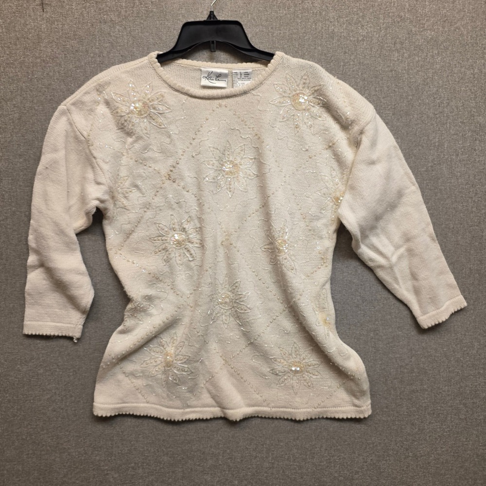 Vintage Coquette Gandmacore Beaded Sequin Floral Knit Boho Sweater Cream Large